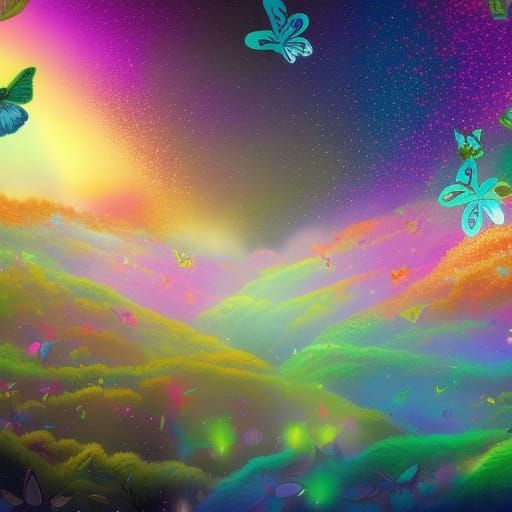 Butterflies over misty mountain