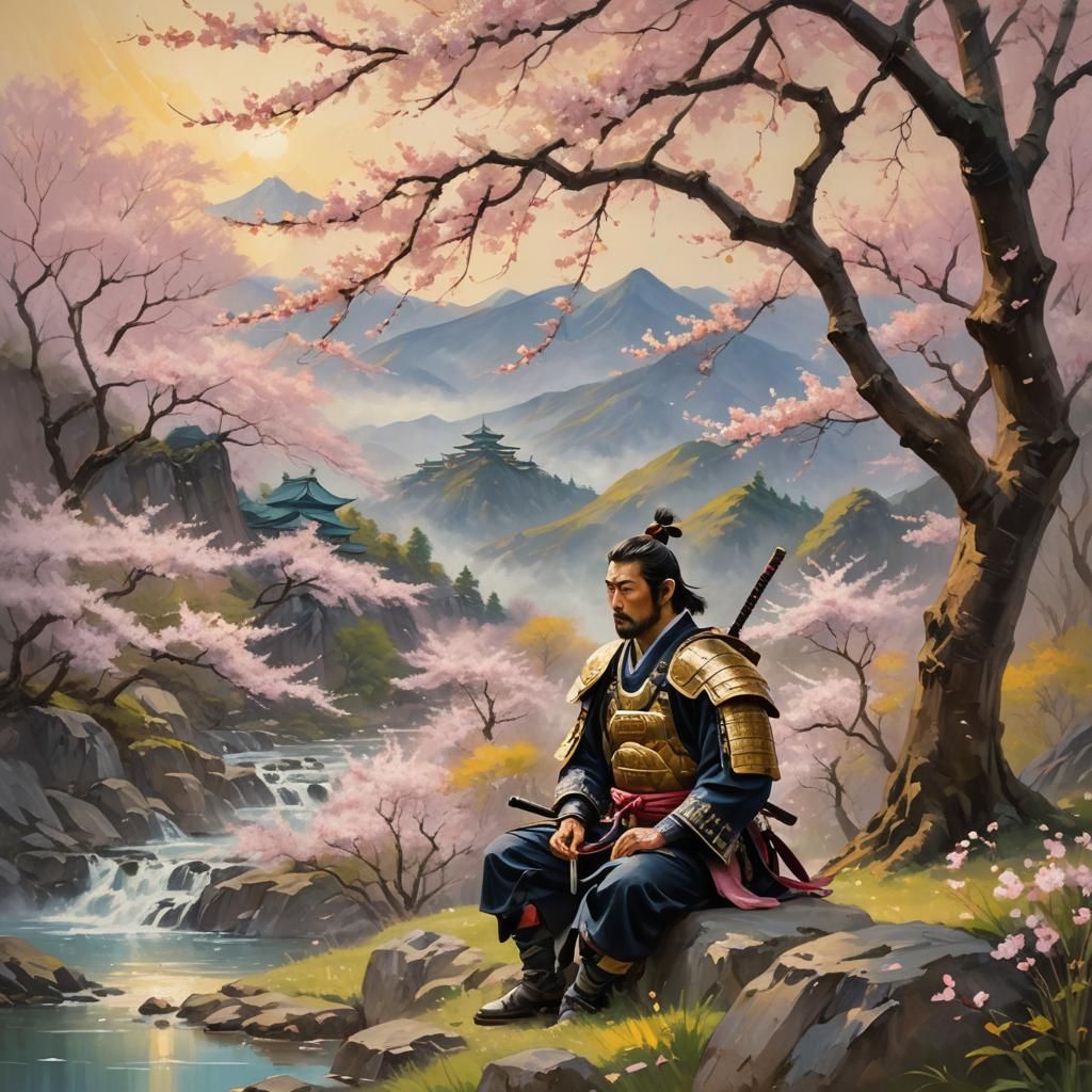 Samurai in Cherry Blossoms: Impressionist Oil Painting