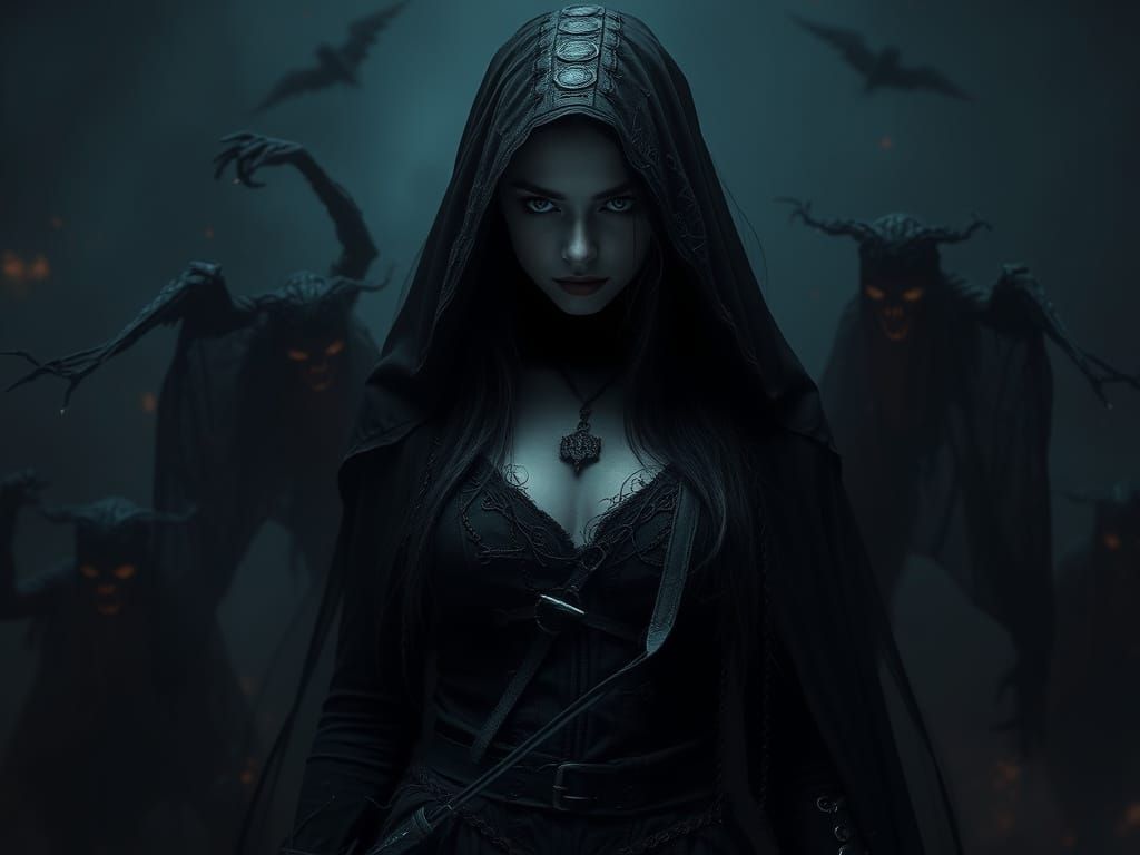 Ominous Woman in Gothic Darkness