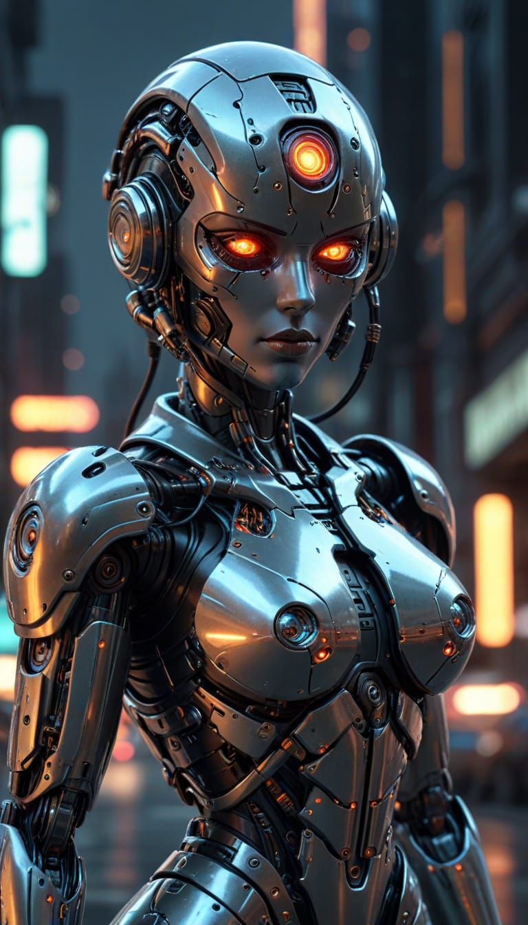 Cyberpunk Android Pinup in Sci-Fi Cityscape