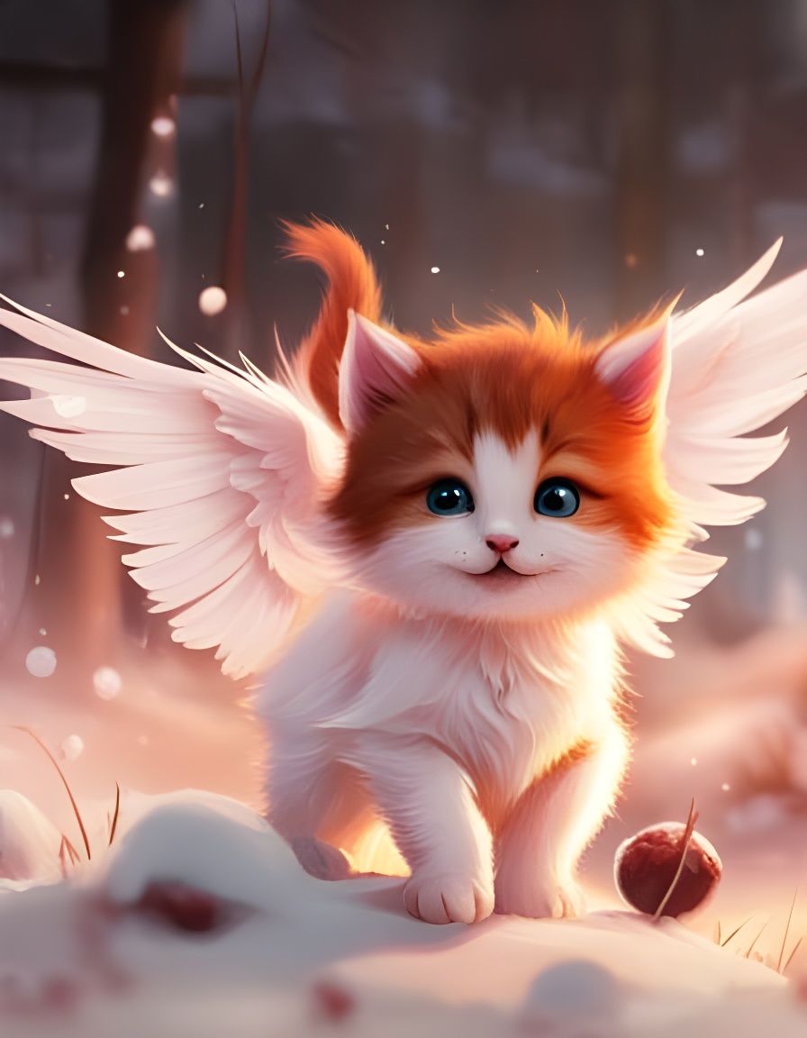 Winged Kitten Playing in Snow: Digital Art