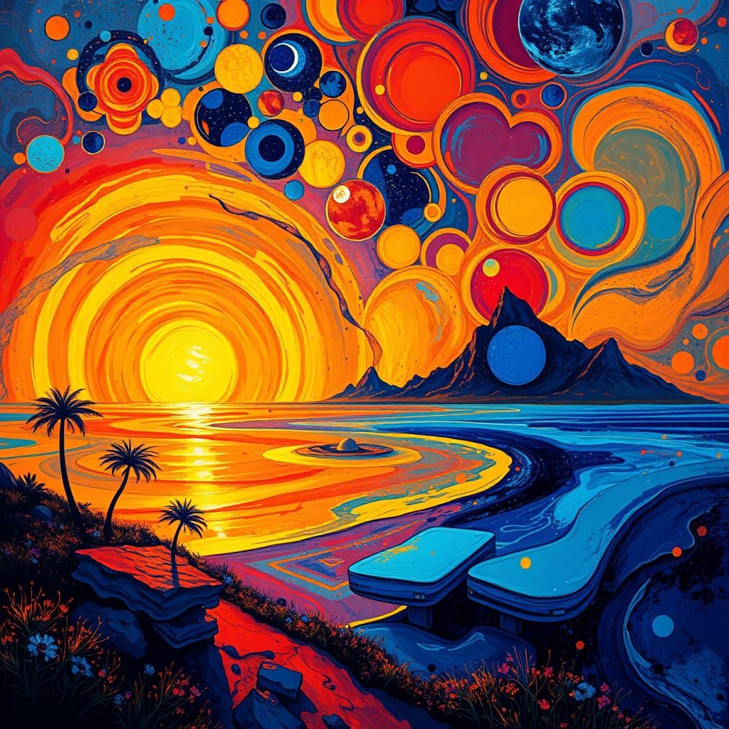 Surreal Sunset Paradise in Abstract Expressionist Style