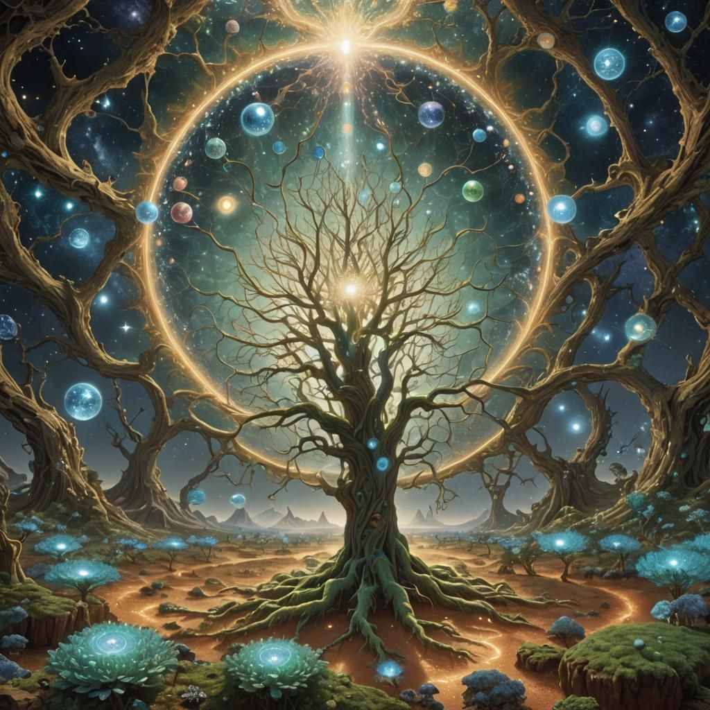 A visual representation of a sprouting avatar-like being situated in an eleven-dimensional landscape made of cosmic gels...