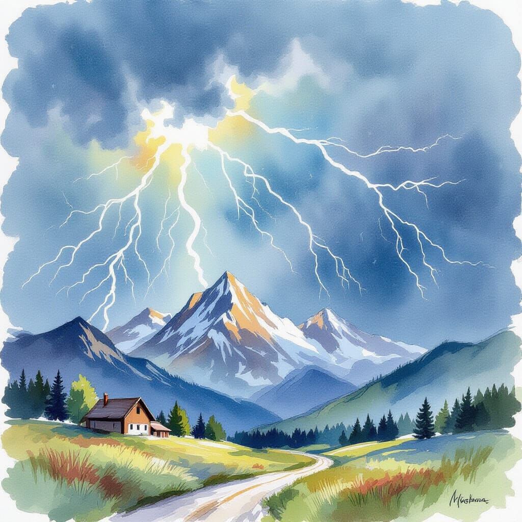 Mountain in Watercolor Style During a Thunderstorm