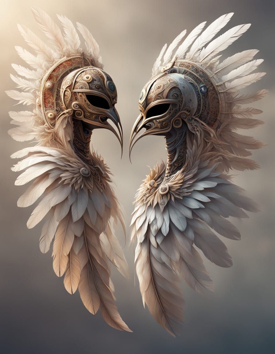 Surreal Fantasy of Entwined Feather Lovers in Soft Light