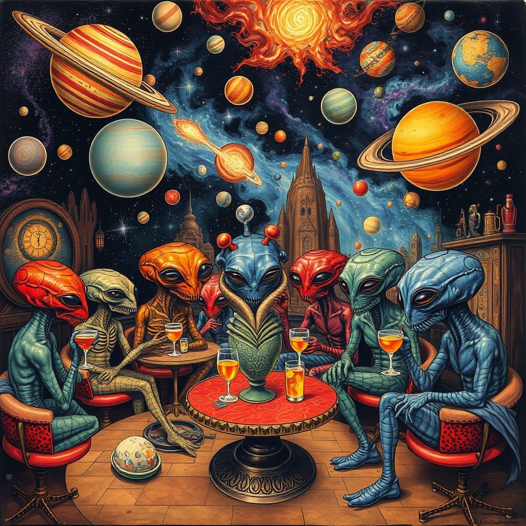 Cosmic Cafe at Galaxy's Edge: A Surreal Scene