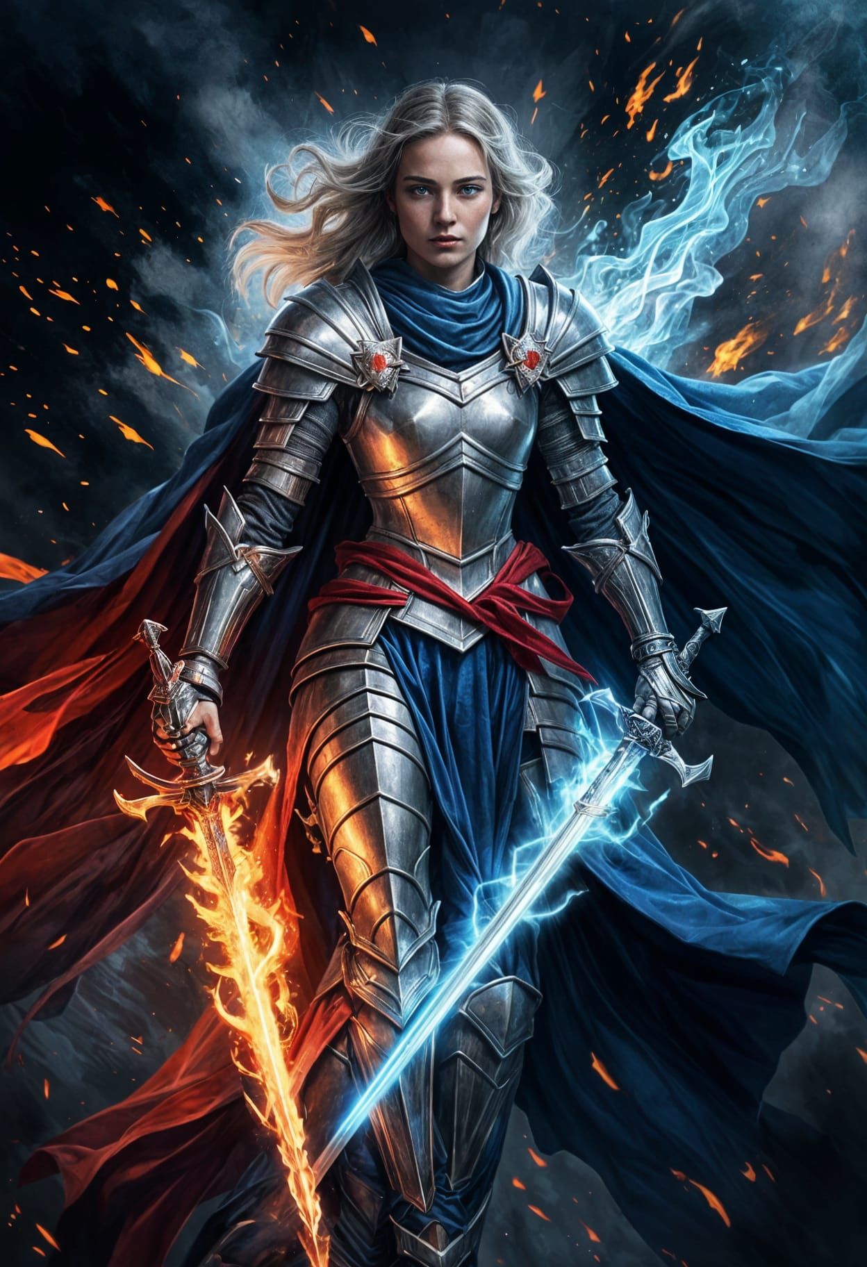 Elegant Knight Dual-Wielding Fire and Ice Swords