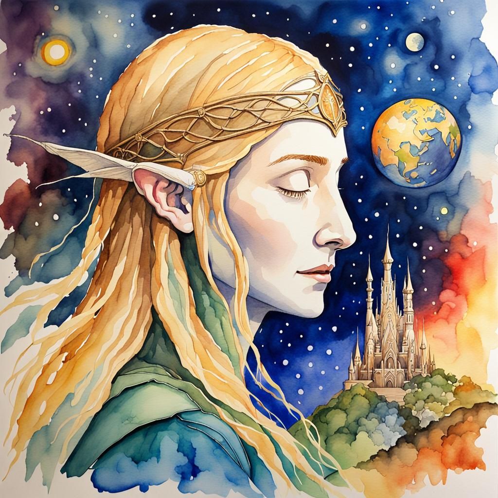 Galadriel at Barad-Dûr in Watercolor Style