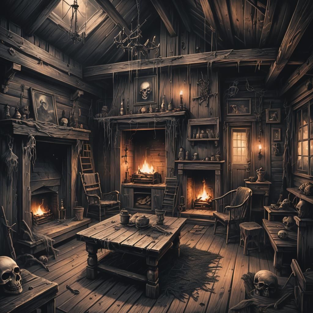Dark Gothic Cabin Interior with Eerie Atmosphere