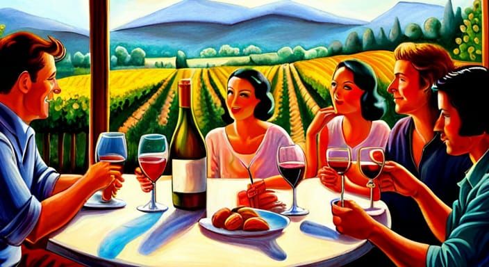 Friends Wine Tasting in Hyperrealistic Detail
