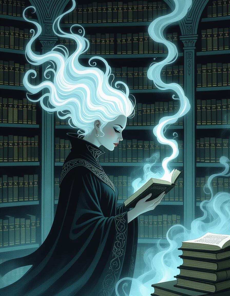 Fantasy Figure Seeks Knowledge in Mystical Library