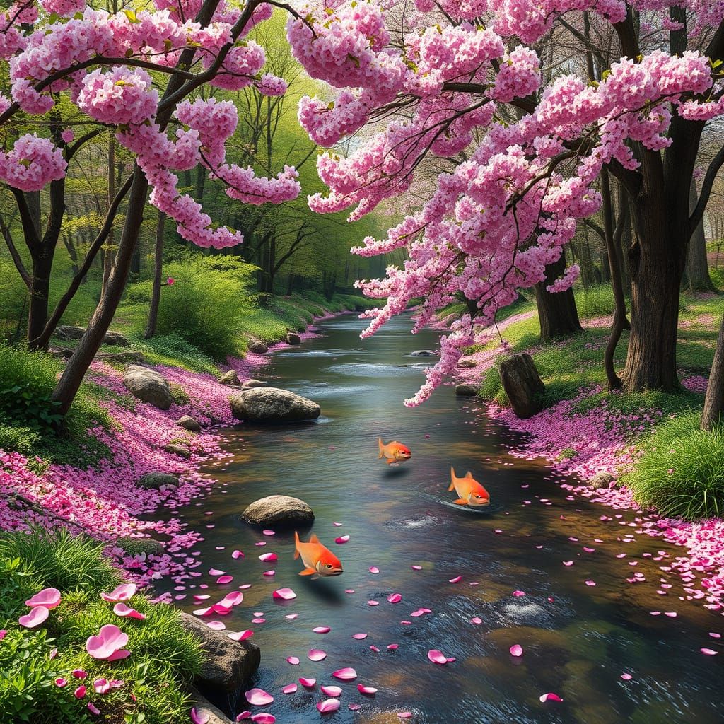 Cherry Blossom Forest with River Scene