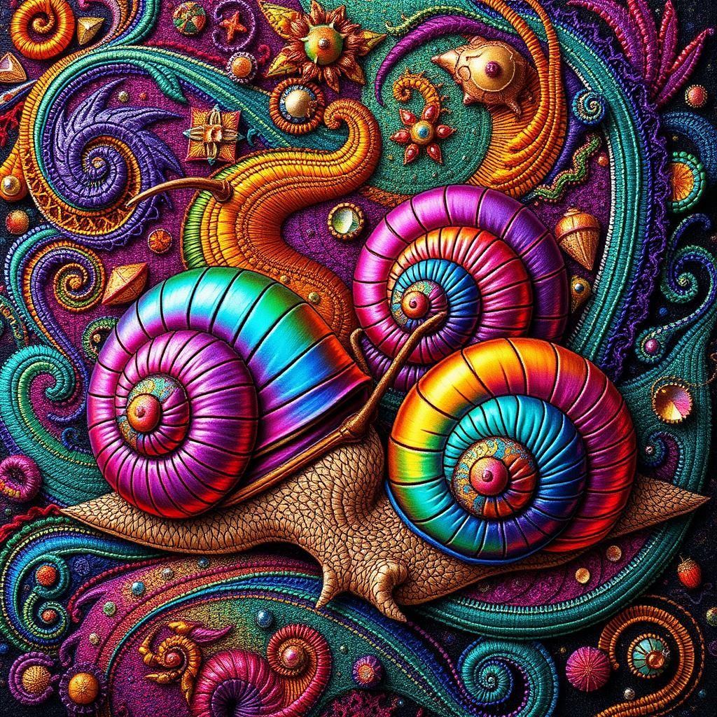 Psychedelic Snails in Vibrant Stitched Tapestry