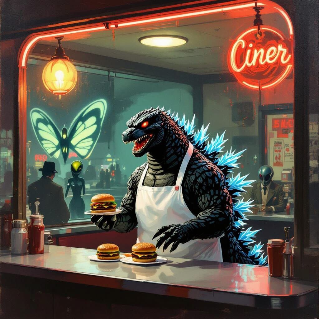 Godzilla as Diner Cook, Cinematic Oil Painting