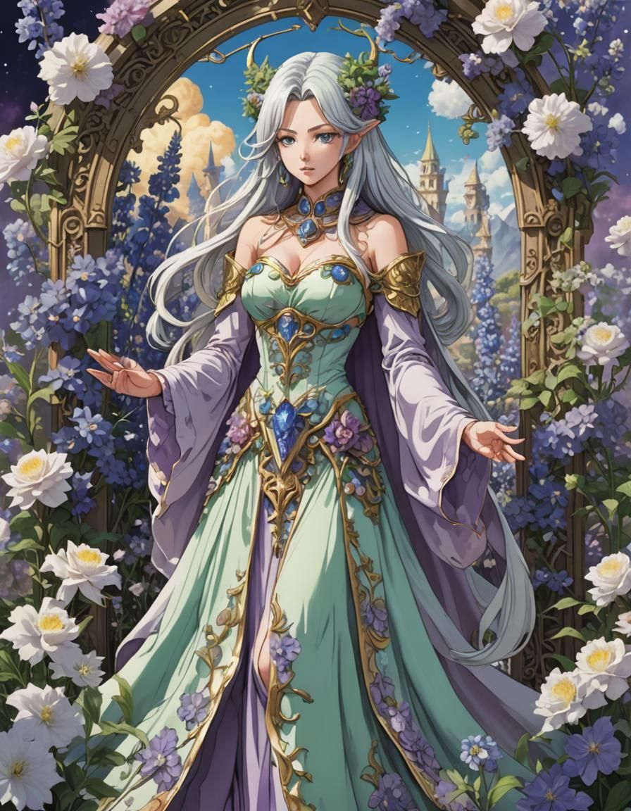 Anime Sorceress in Delphinium Flower Frame