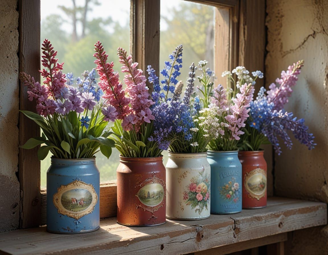 Vibrant Lilac and Wildflowers in Rustic Tin Cans