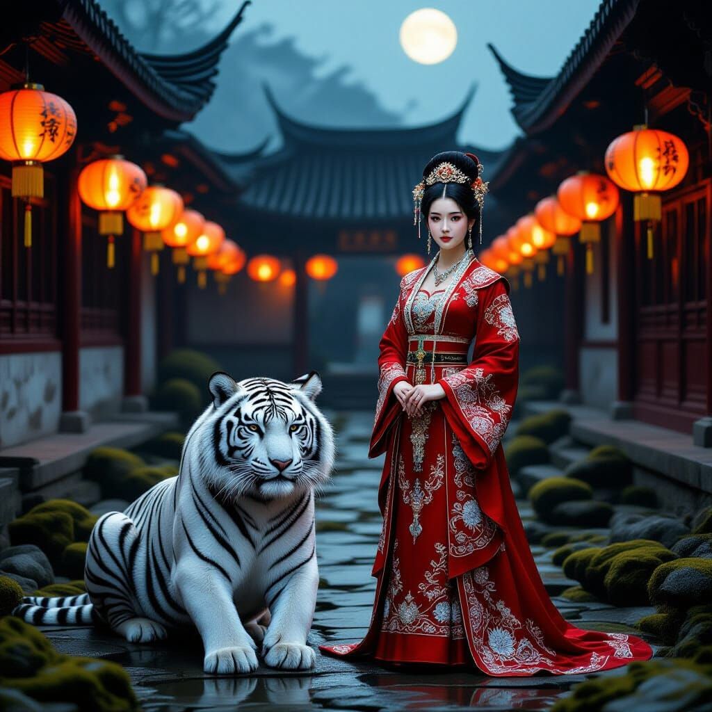 Chinese Princess with White Tiger in Courtyard