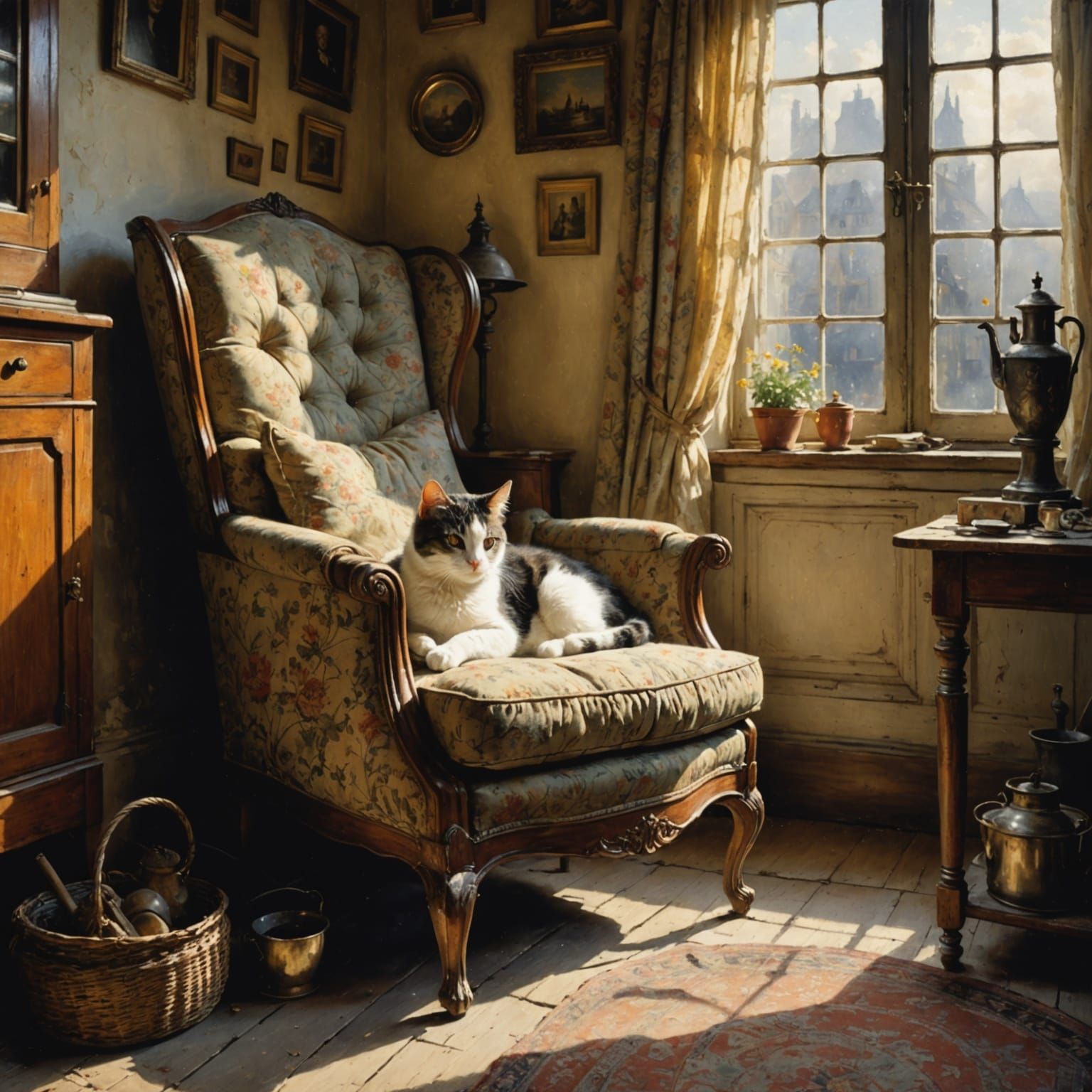 Cozy Cat Naps in Sunlit Antique Armchair