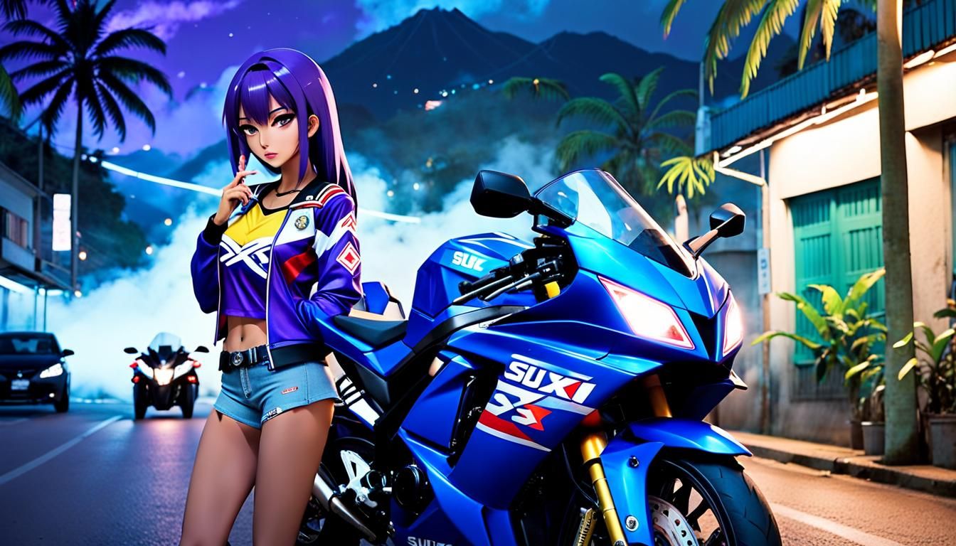 Anime Girl with Motorcycle in Urban Fantasy Style