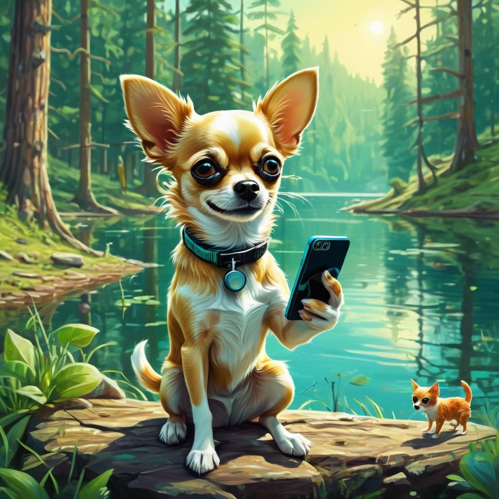 Cat and Chihuahua Selfie in Surreal Forest