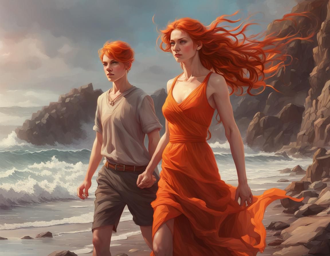 Woman and Boy on Rocky Beach, Art Nouveau Style