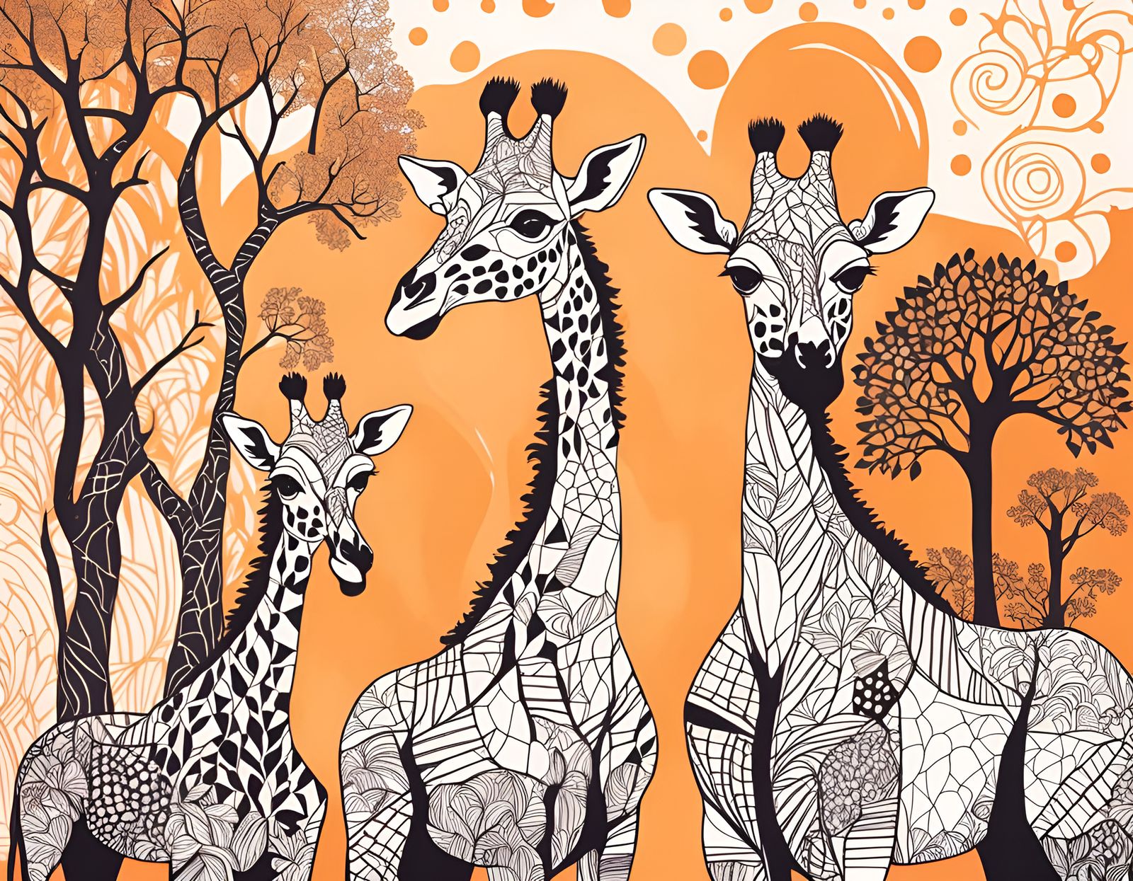 Zentangle Giraffes in Savanna with Contrasting Patterns