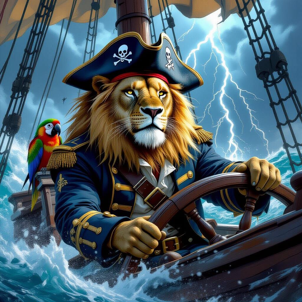 Lion Captain Steers Pirate Ship Through Stormy Seas