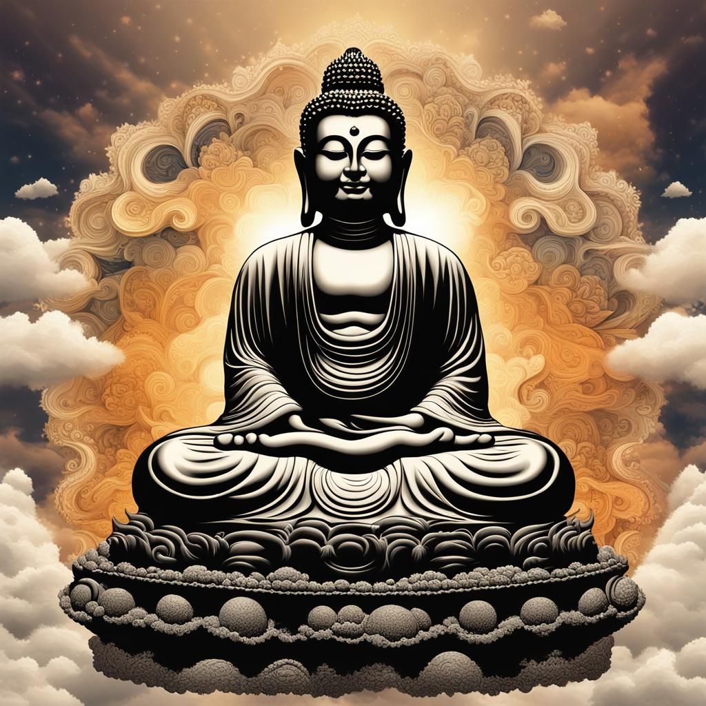 Buddha Statue with Cats in Digital Fantasy Art