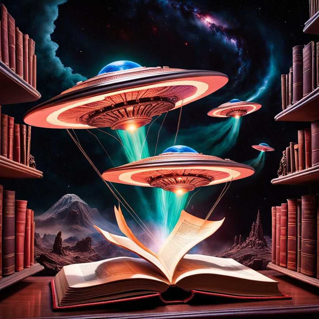 Miniature UFOs Emerge from Book in Sci-Fi Style