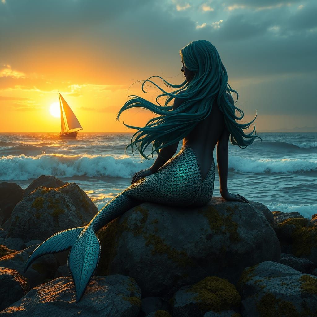 Regal Dark Mermaid Admires Sailboat in Sunset Glow