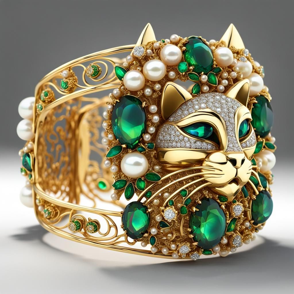 Cosmic Cat Gold Bangle with Pearls and Gems