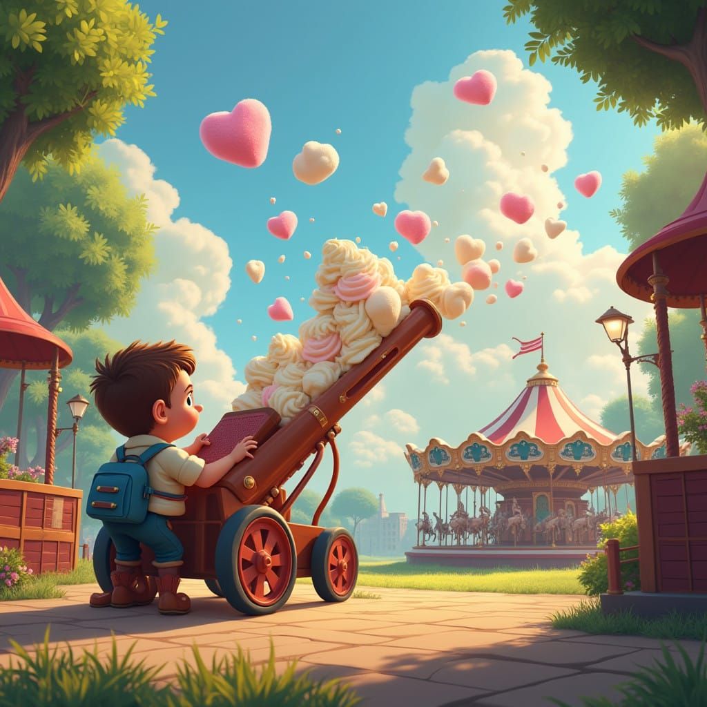 Surreal Medieval Fair Scene with Vanilla Ice Cream Catapult