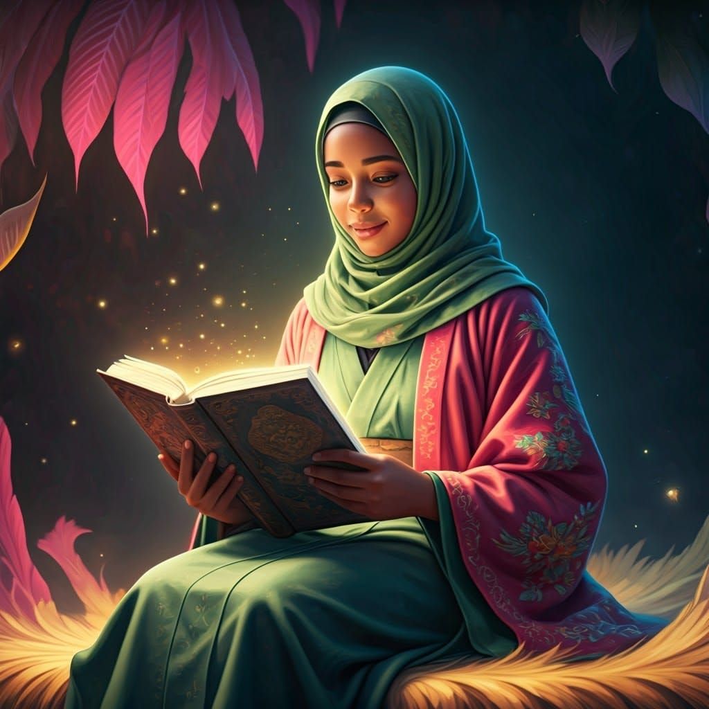 Serene Hijabi Girl Reading on a Cloud