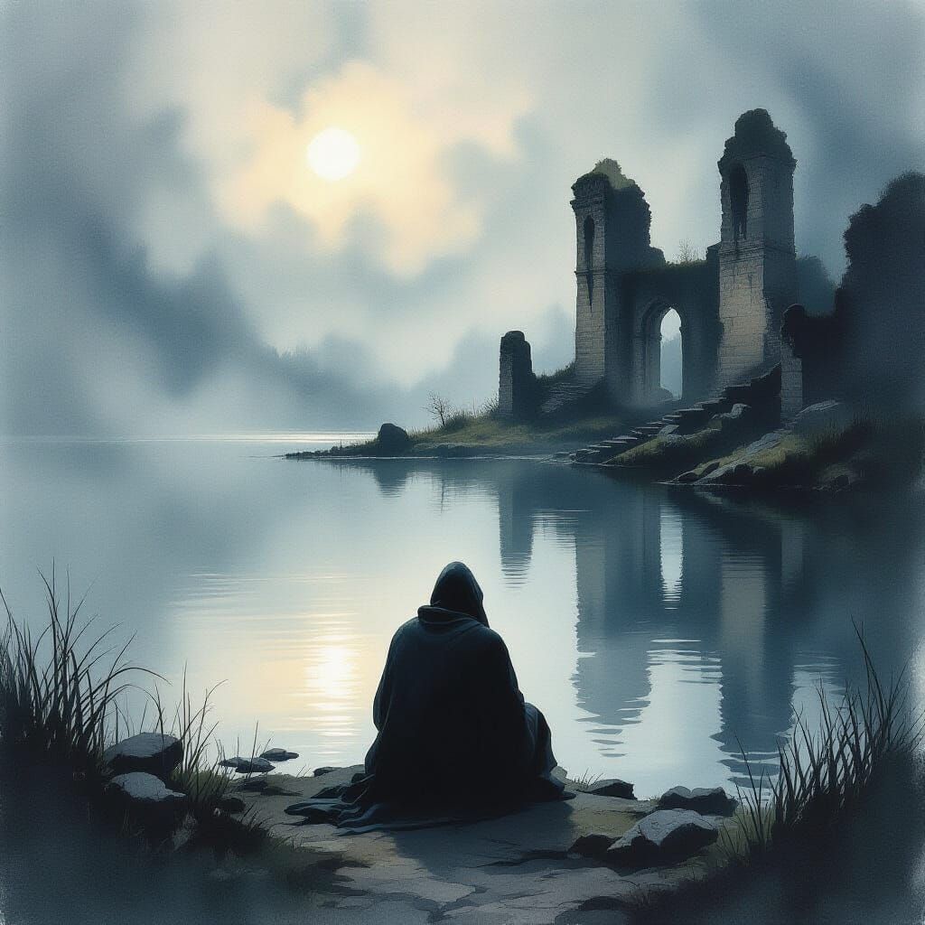 Solitary Figure Contemplates Ruins by Reflective Lake