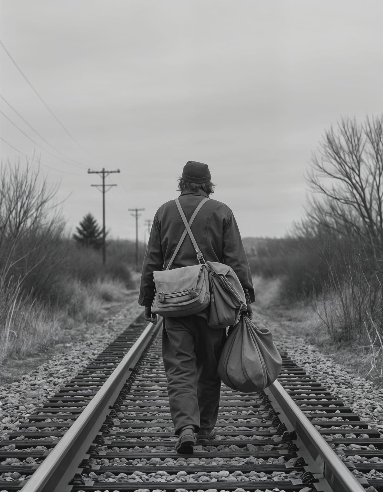 60s Hobo Walks Deserted Railway in Cloudy Mood