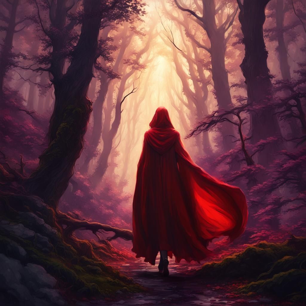 Red Cloak in Dark Forest, Hyperdetailed Fantasy Art