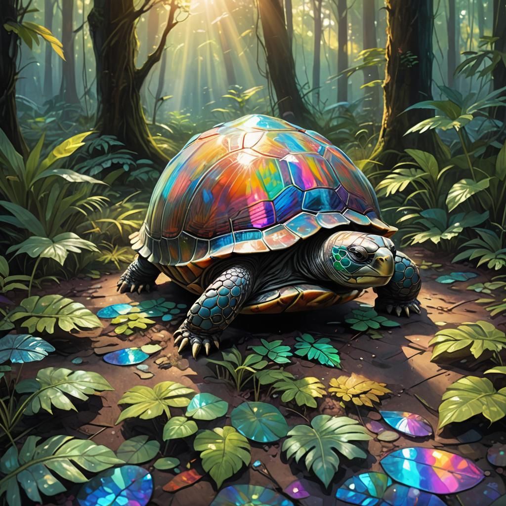 Fantasy Concept Art Perfect shot of an imaginary tortoise with a glassy shell made of cool colors of dichroic glass craw...