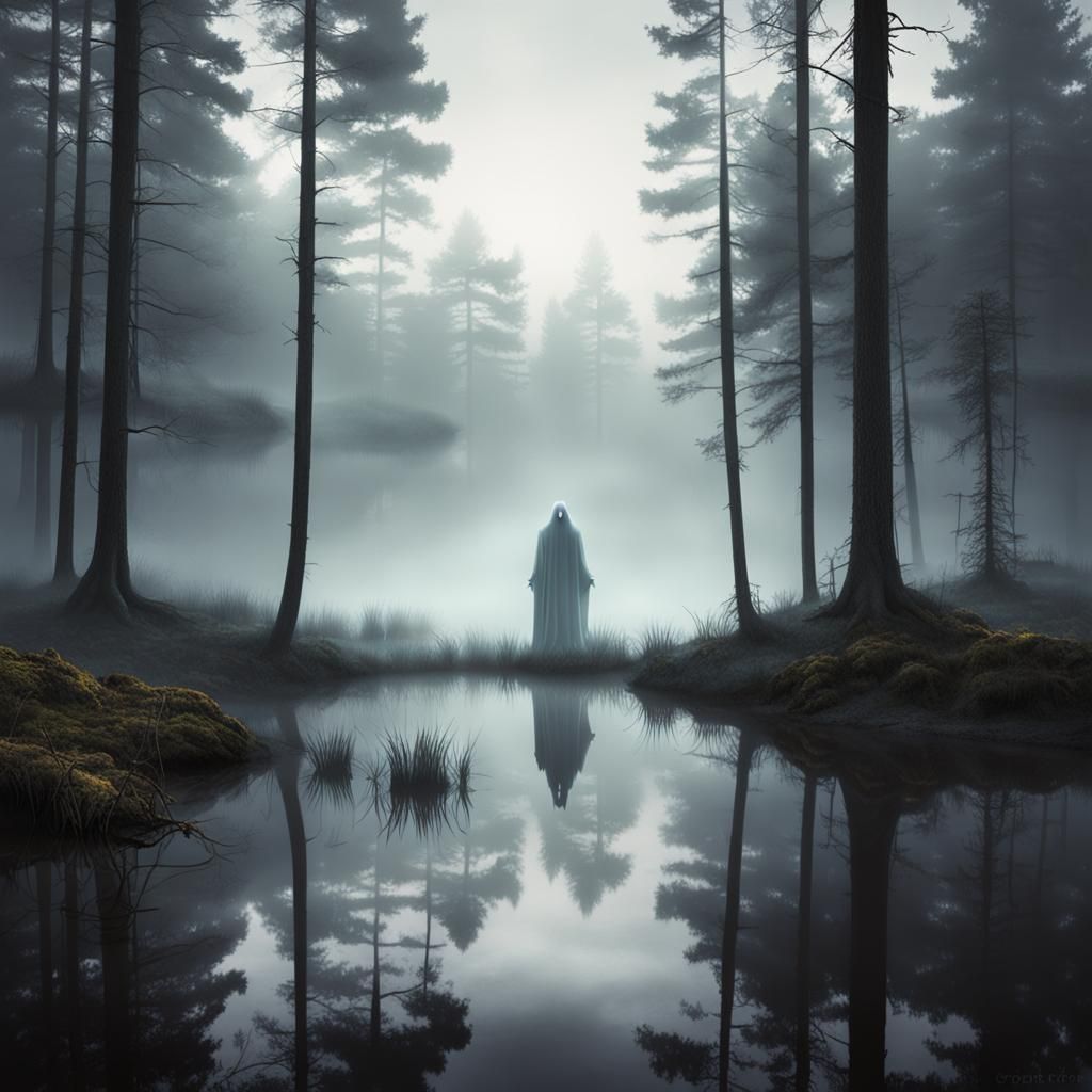 Ethereal Ghost Rising from Foggy Pond