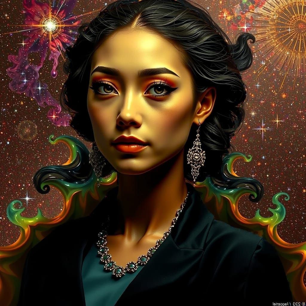 Starry Night Sky with Silver Form and Fractal Flames