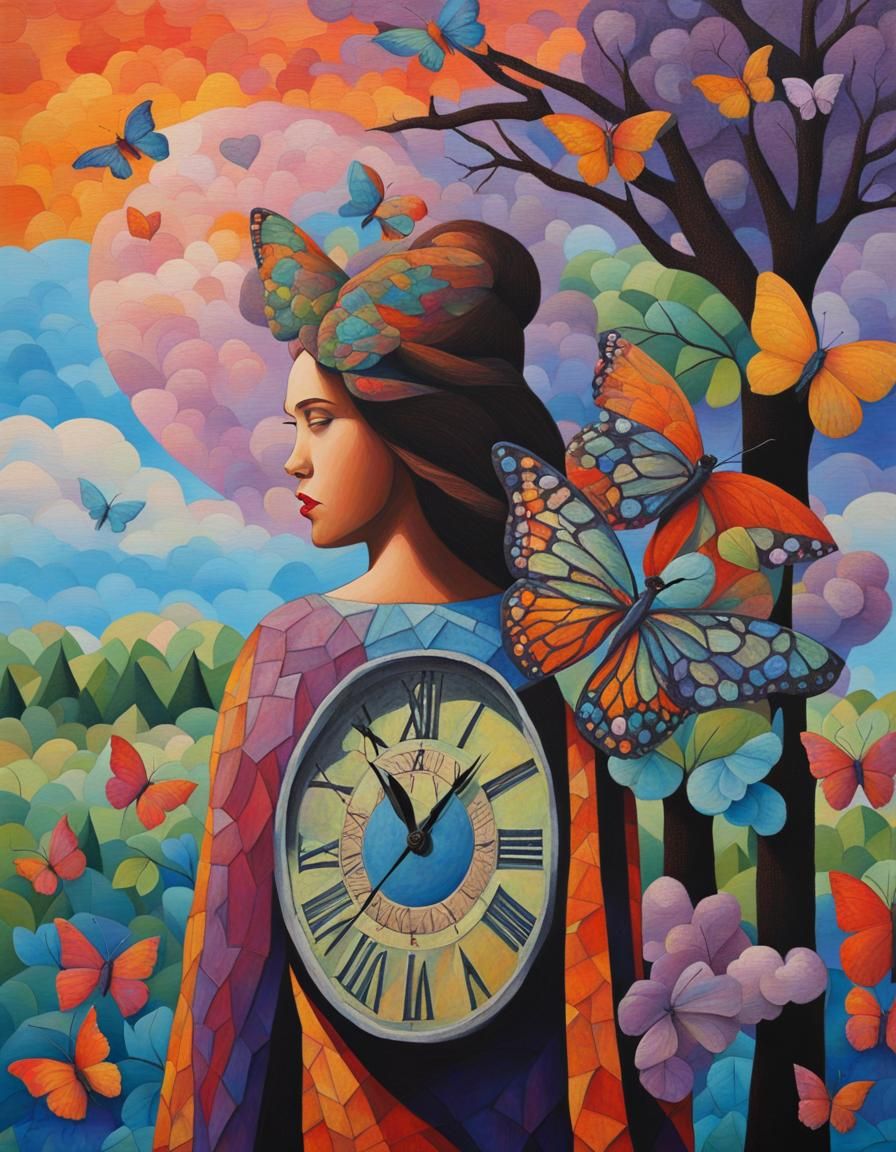 Whimsical Mosaic Fairy with Clocks in Pastel Colors