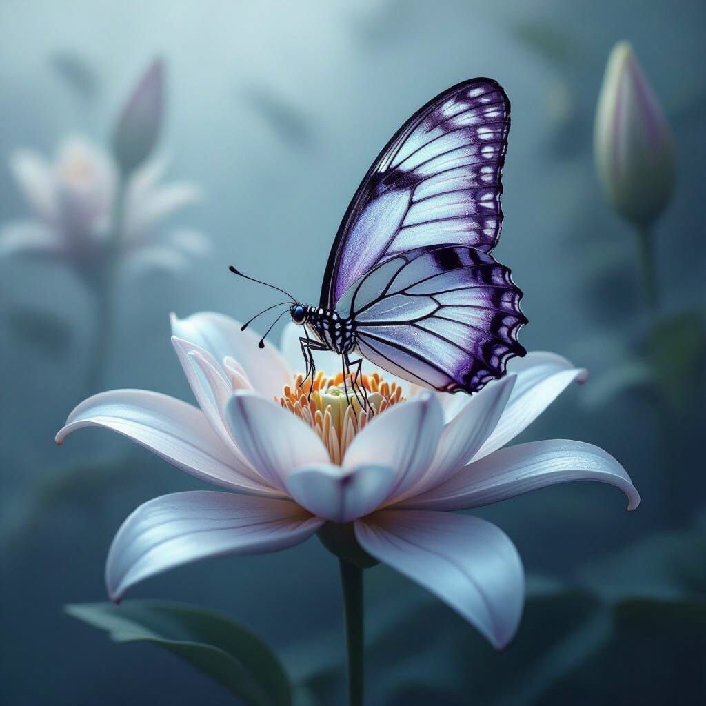 Butterfly with Silver Lily in Fog, Fantasy Art