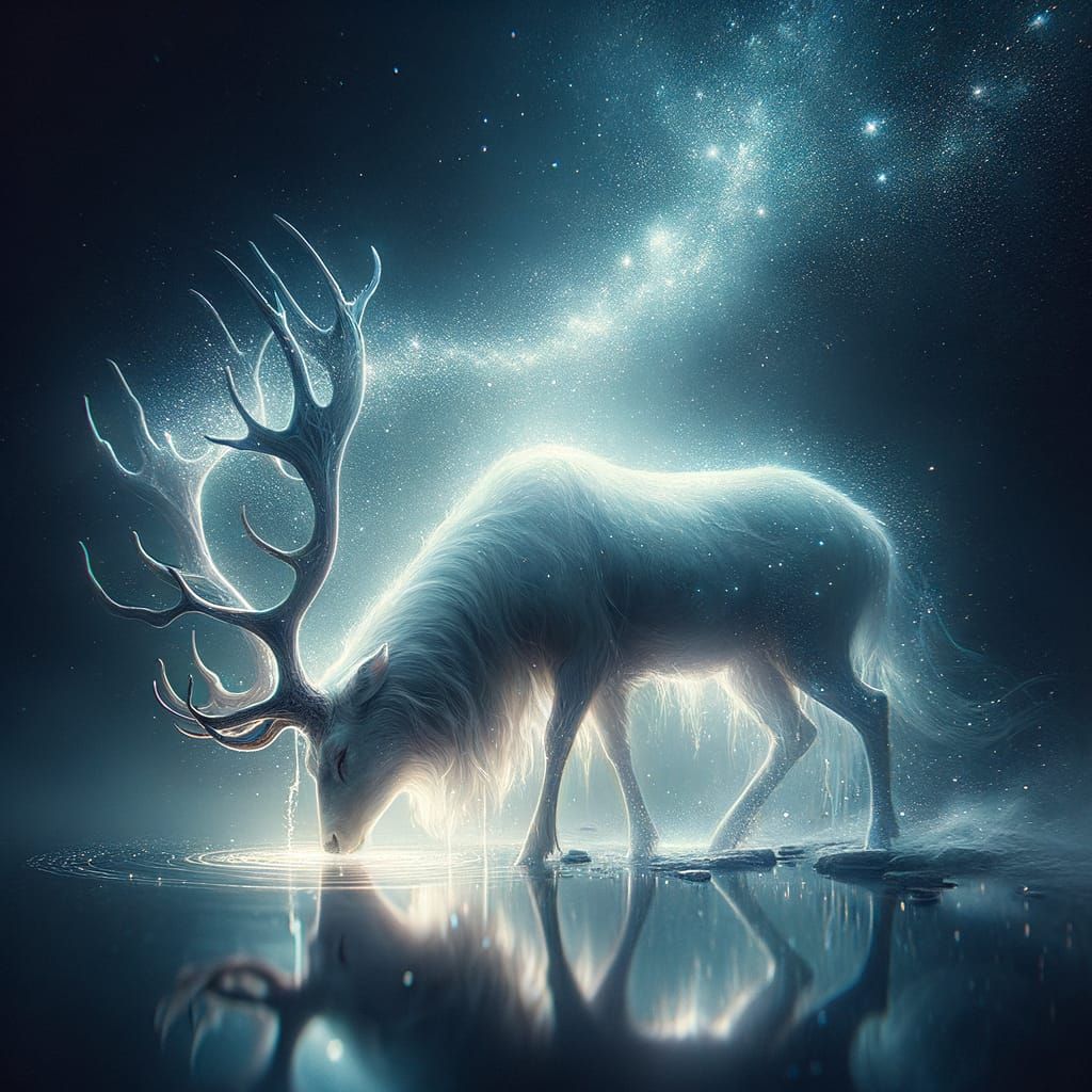 Majestic Glowing Deer Drinks Under Starry Night