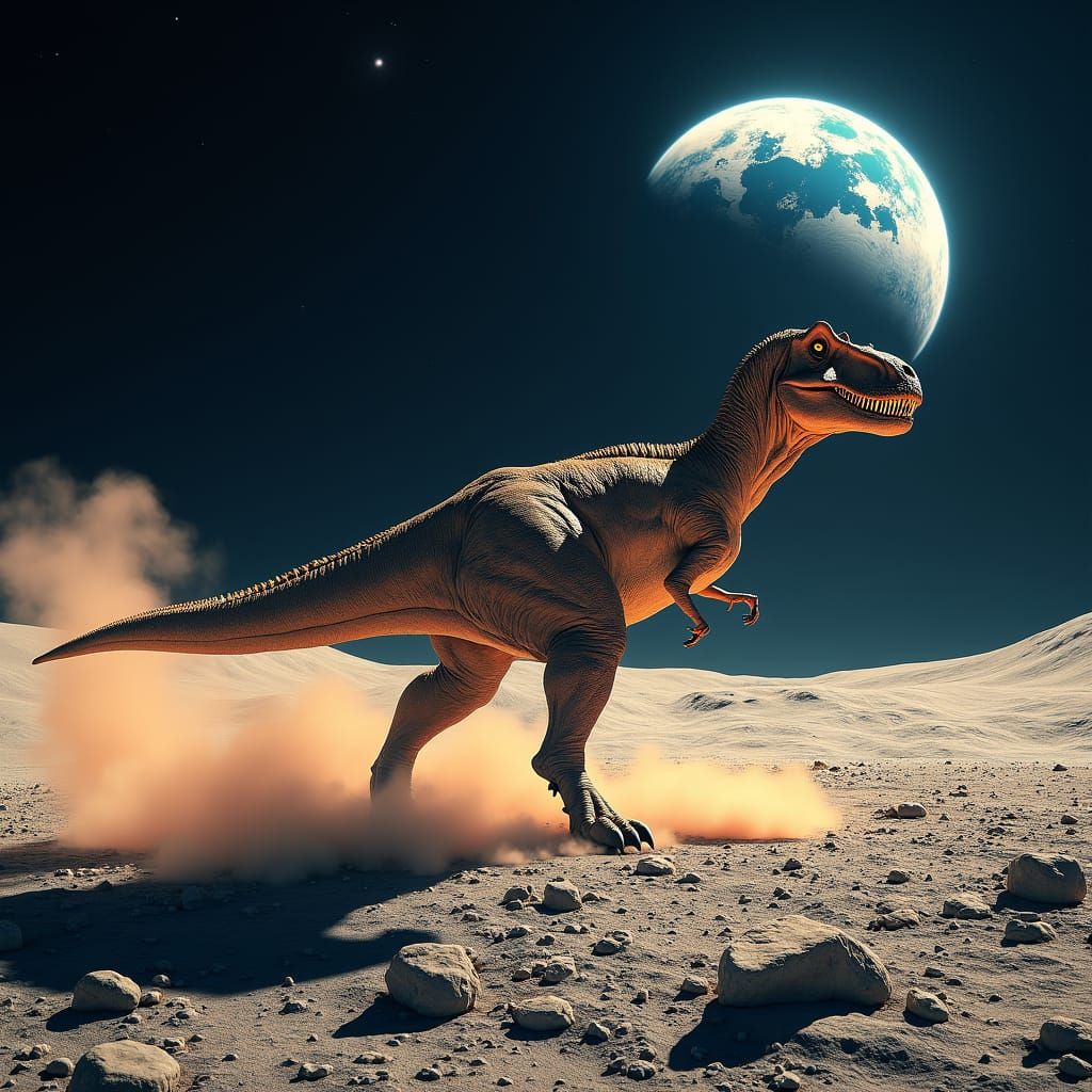 T-Rex on the Moon in Photorealistic Style