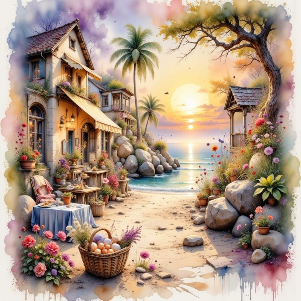 Dreamlike City Nights and Beach Scenes in Watercolor and Ink