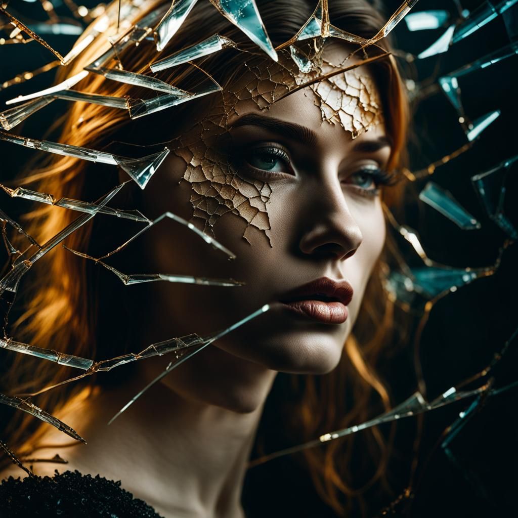 Shattered Portrait in Glass with Golden Outlines