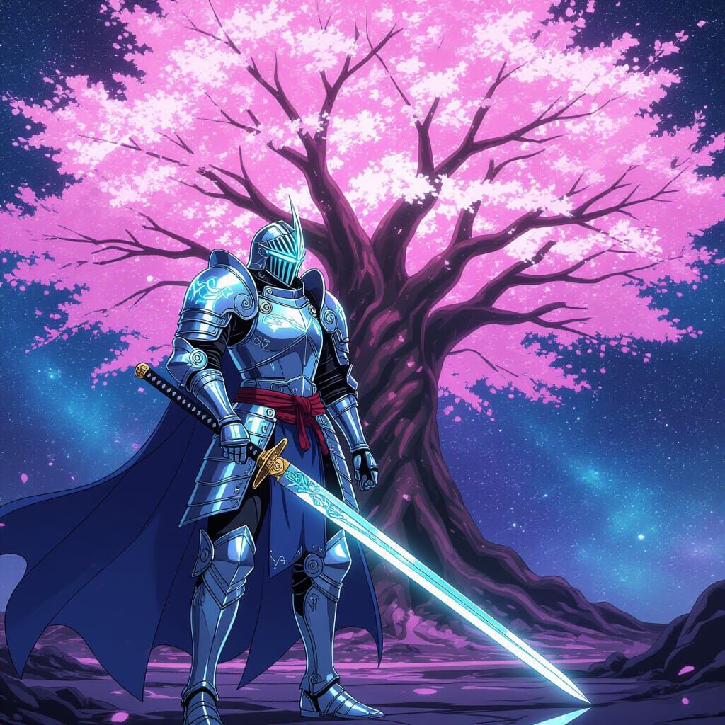 Celestial Knight Guarding Bioluminescent Sakura Tree