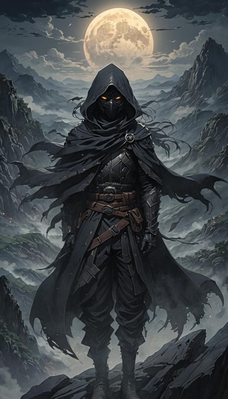 Dark Fantasy Assassin on Misty Mountain in Anime Style