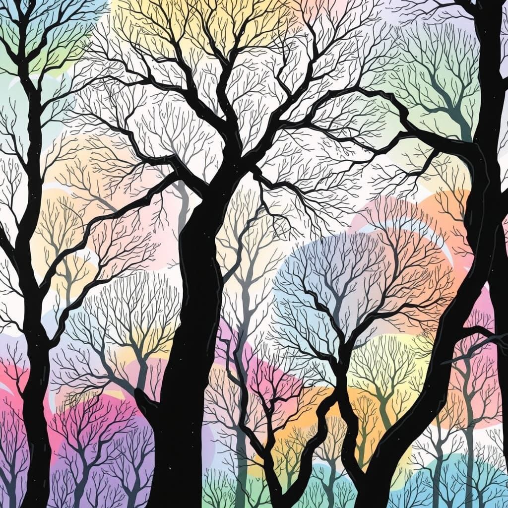 Whimsical Rainbow Forest in Geometric Style