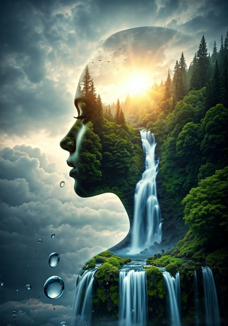 Surreal Landscape Merged with Woman's Profile