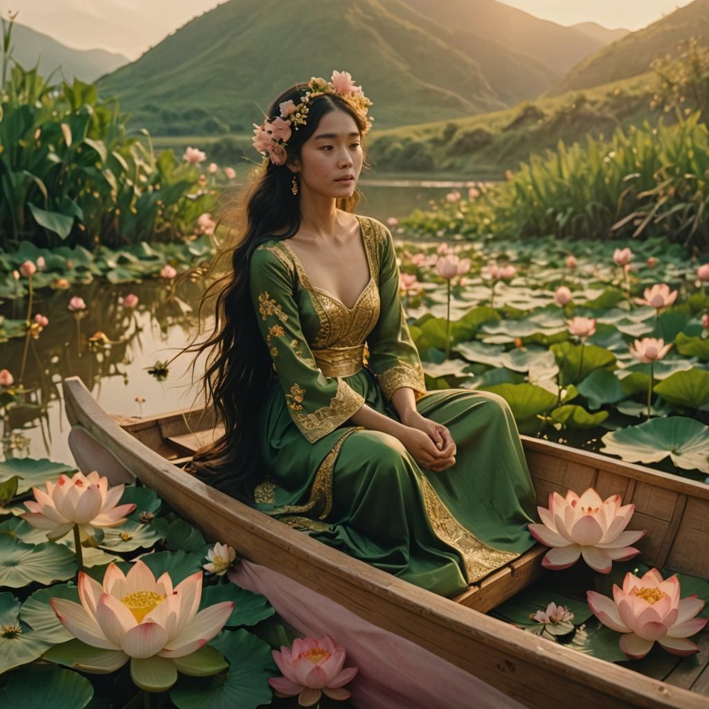 Woman in Boat with Lotus Flowers, Cinematic Film